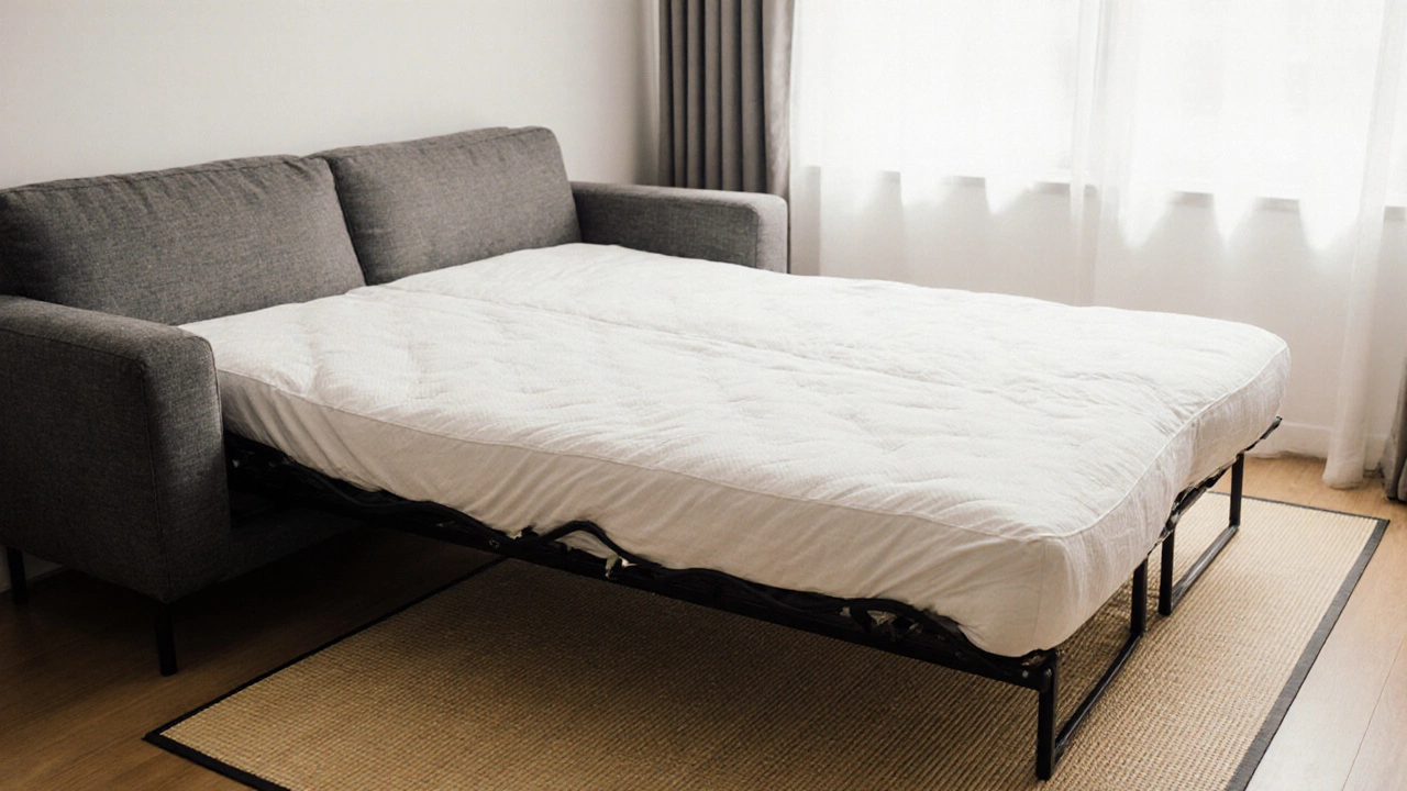 A sofa bed converted with a shikibuton on a tatami mat in a modern apartment.