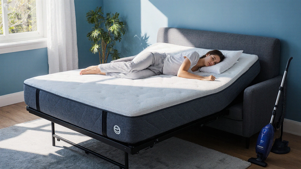 Bedroom scene with an extended sofa bed, memory foam topper, adjustable base, and cleaning tools for dust‑mite control.
