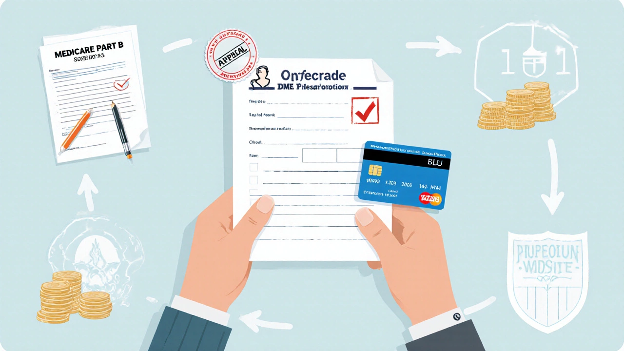 Collage of prescription, Medicare card, claim form, coins, and icons for supplier and appeal steps.
