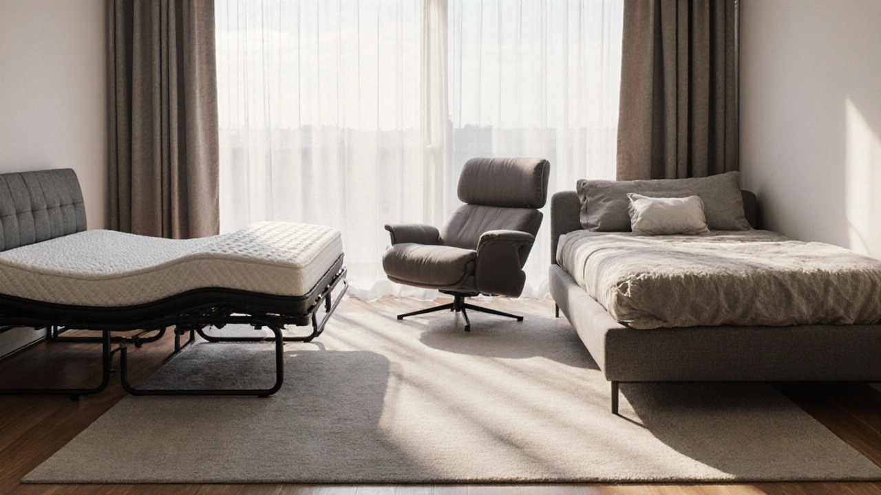 Concept art of a room showing a recliner, sofa‑bed, platform bed, and floor futon as sleep options.
