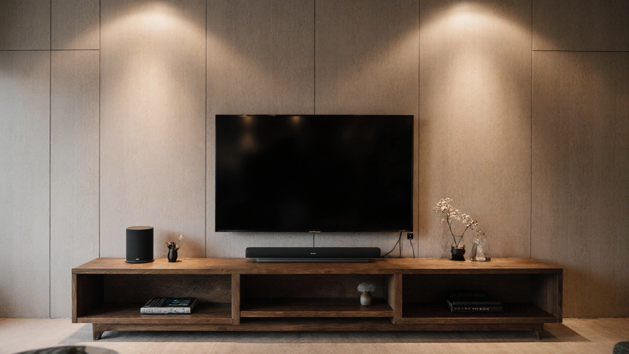 Cozy media wall with a large TV on a wide walnut stand, soundbar, and anti‑tip bracket.