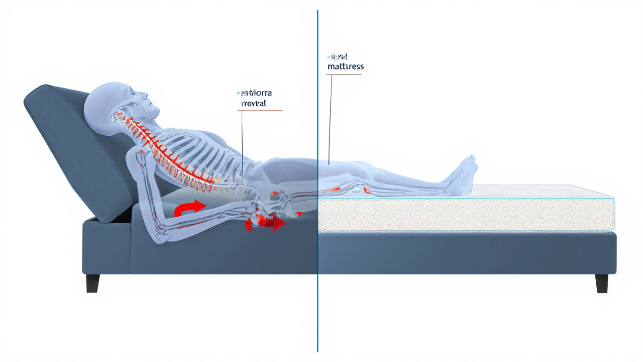Cross‑section illustration comparing spine alignment in a recliner versus a flat mattress.