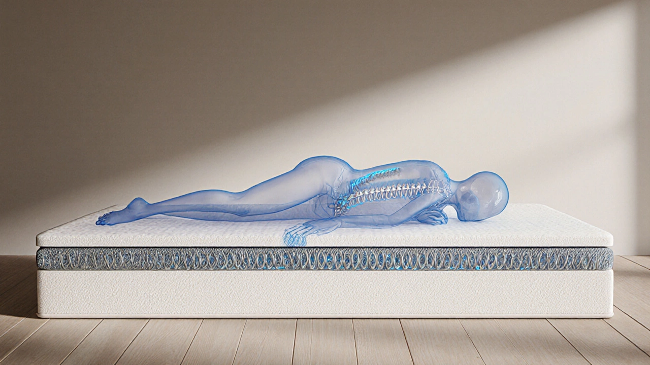 Cross‑section showing a spine on three types of sofa‑bed mattresses, highlighting pressure points.