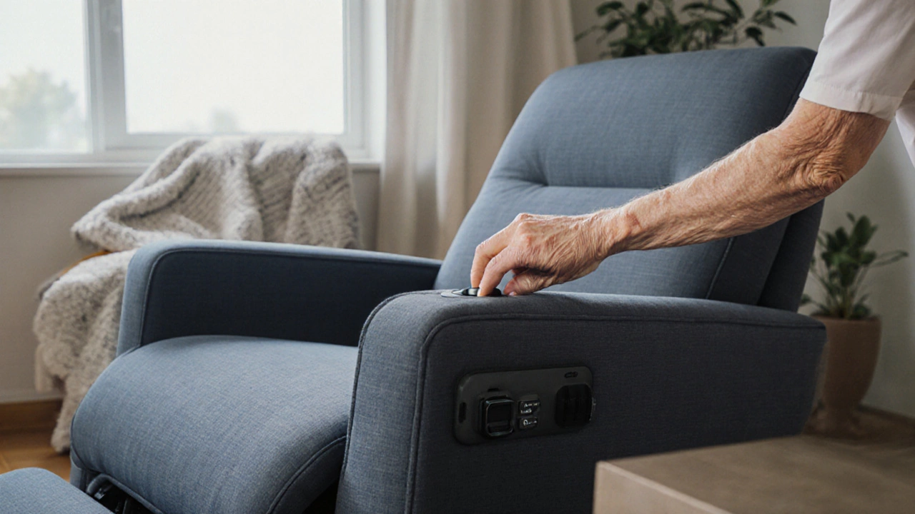 Elderly woman using a power‑lift recliner that raises her gently in a cozy, sun‑lit room.