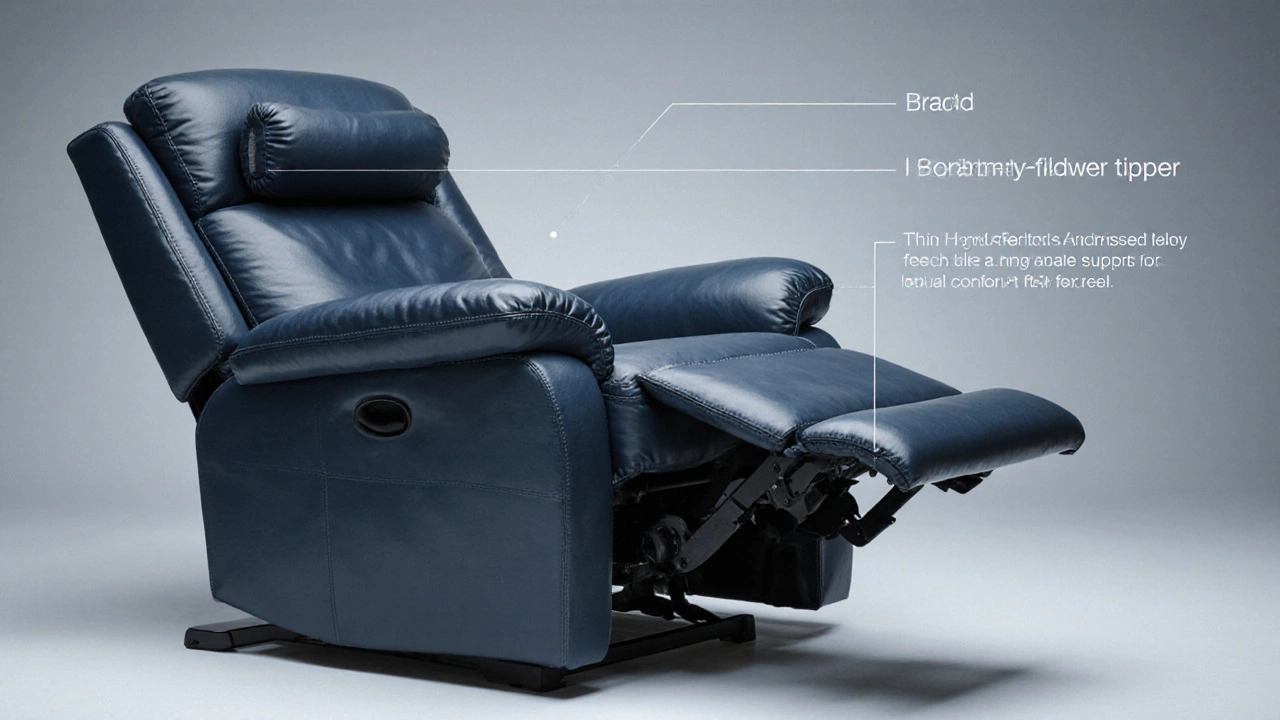 Ergonomic recliner setup with lumbar roll, memory foam topper, and cervical pillow.