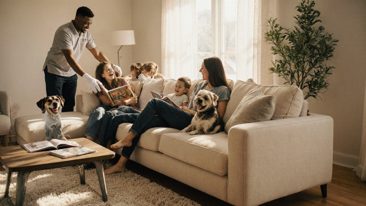 Family enjoying a cozy DFS sofa with a pet, under warm afternoon light.