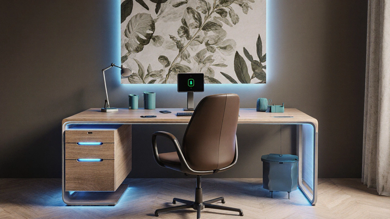 Futuristic office with sandstone desk, espresso chair, and botanical wall art.