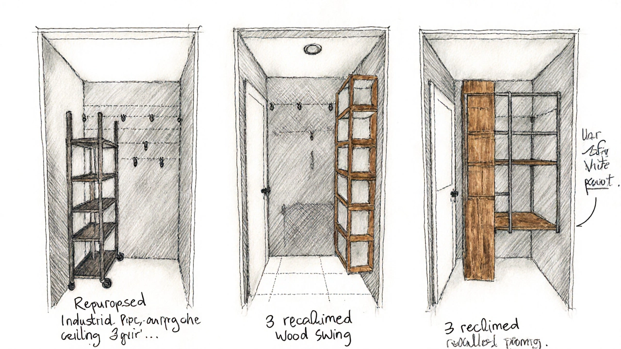 Hand‑drawn sketches of three 5x10 storage layouts with notes on budget DIY hacks.