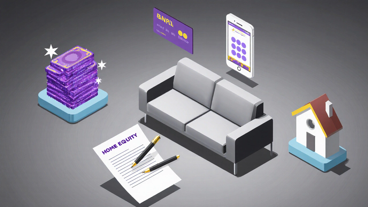 Illustrated living room with icons for cash, credit card, BNPL app, loan paper, and home equity.