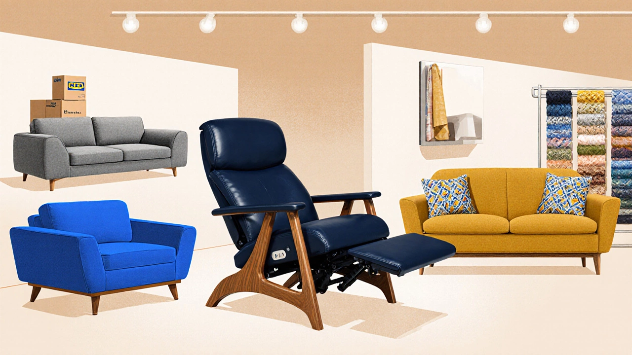 Illustrated showroom showing five distinct sofa styles representing top brands.