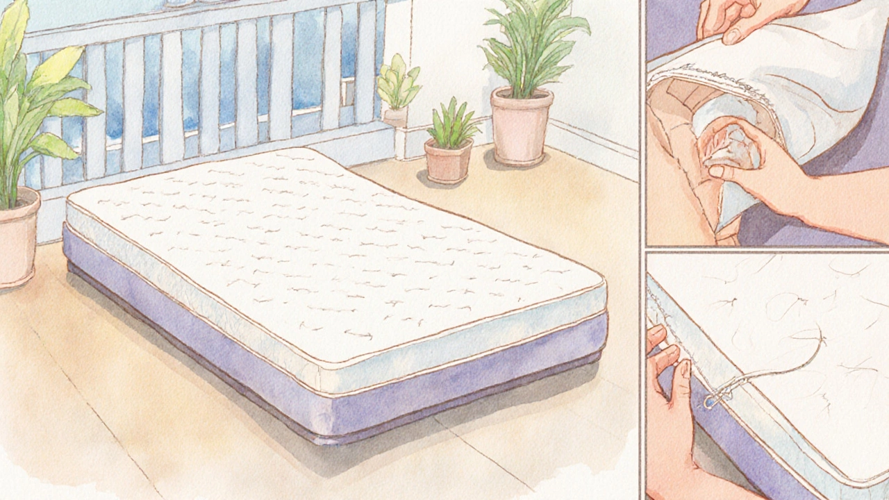 Illustration of a futon being aired, rotated, and stitched, emphasizing eco-friendly care.