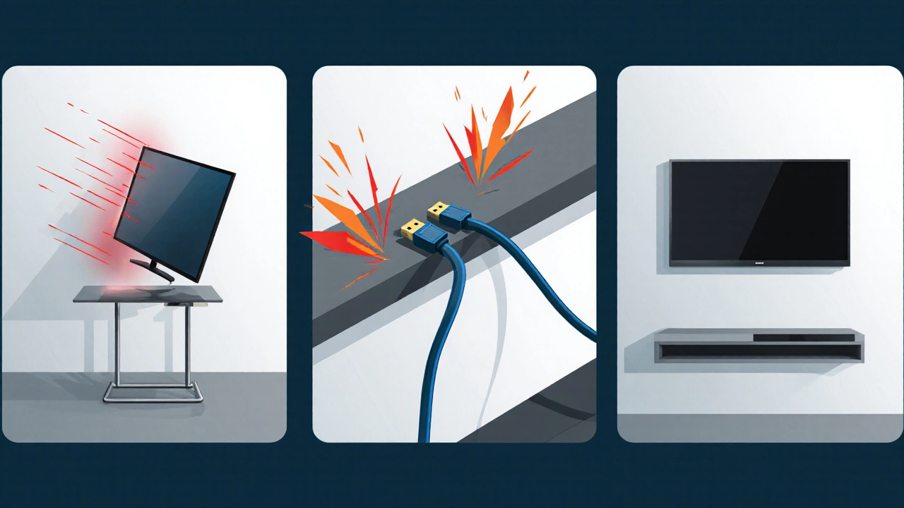 Illustration of tipping TV, bent cables, and floating TV showing stability, cable, and aesthetic risks.