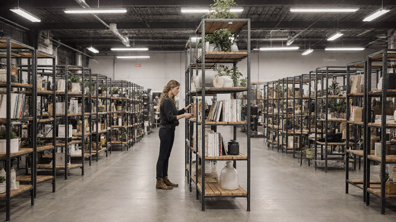 Industrial metal bookcase at At Home store with books and plants