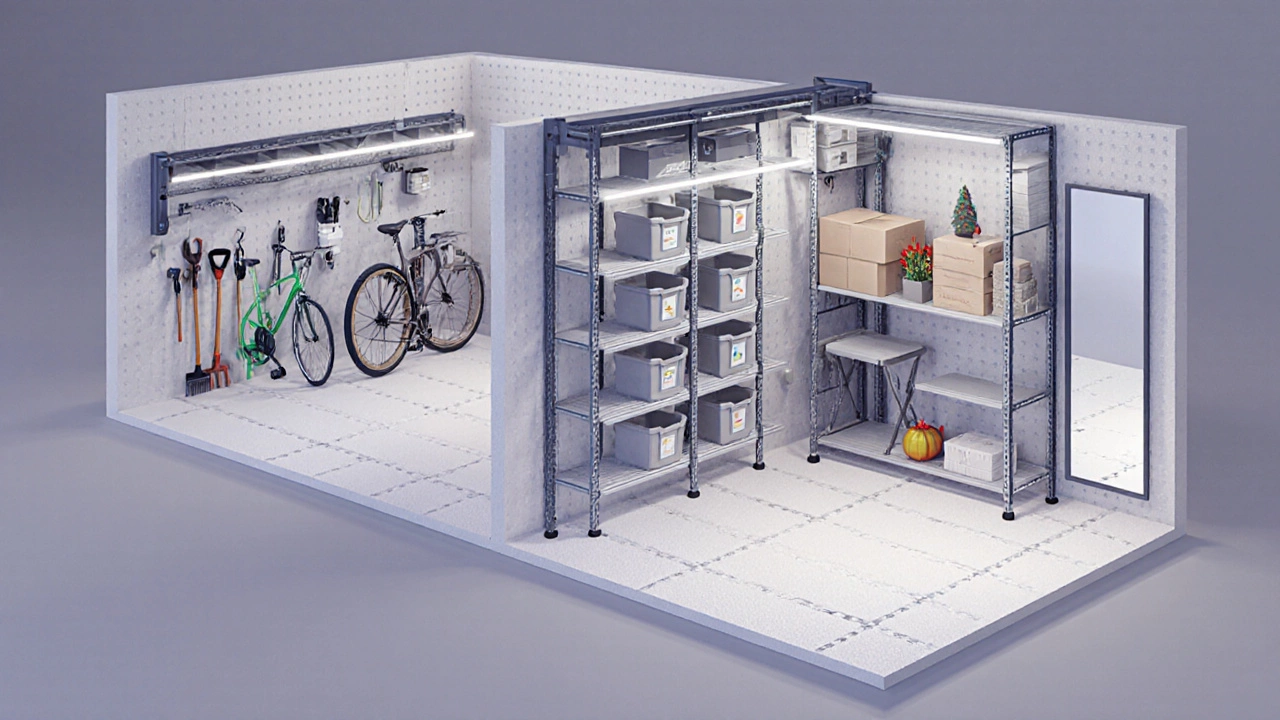 Isometric view of a 5x10 storage room with wall hooks, ceiling rack, tall shelves, and LED lighting.