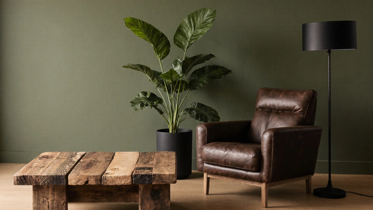 Lounge area featuring reclaimed wood coffee table and chocolate leather armchair.