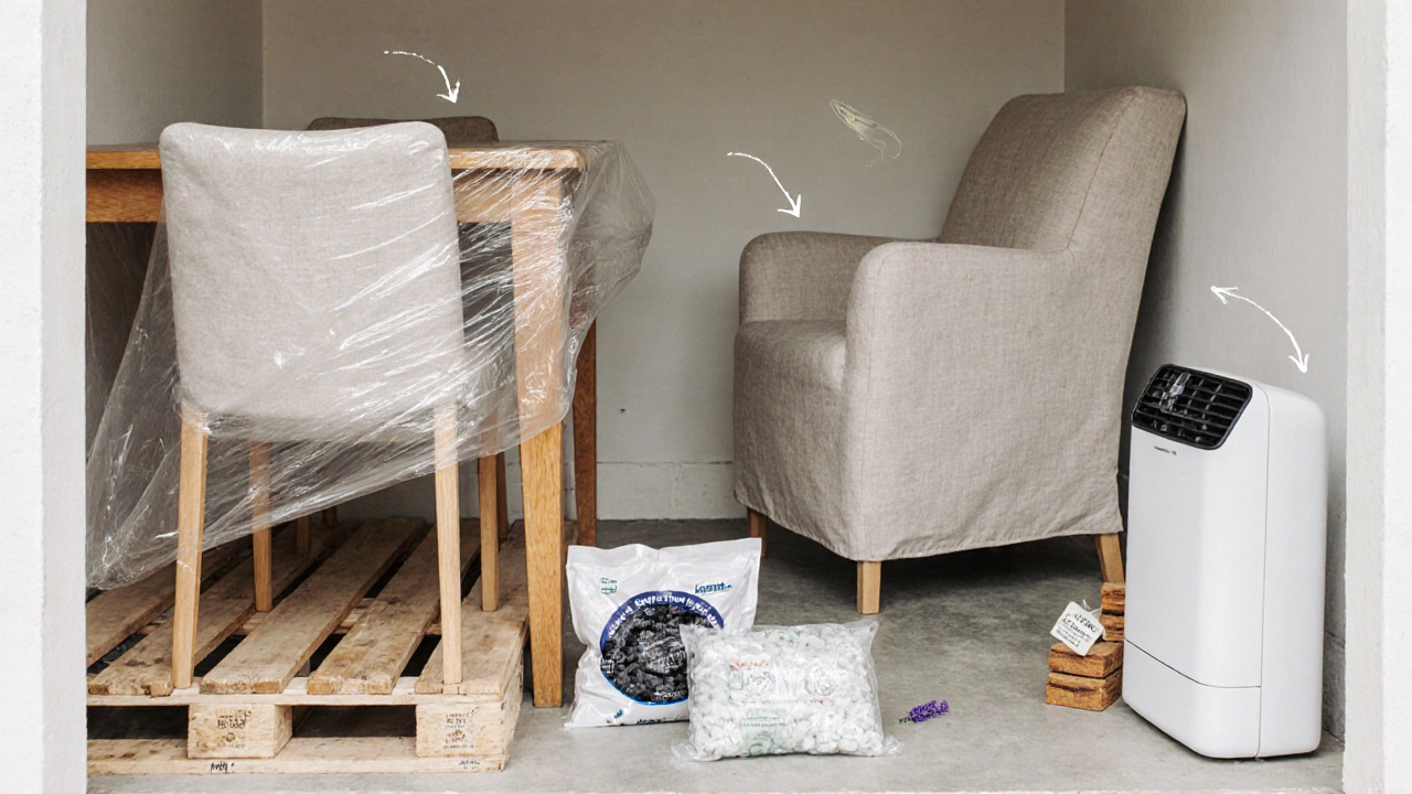 Organized storage with wrapped furniture, dehumidifier, and desiccants.