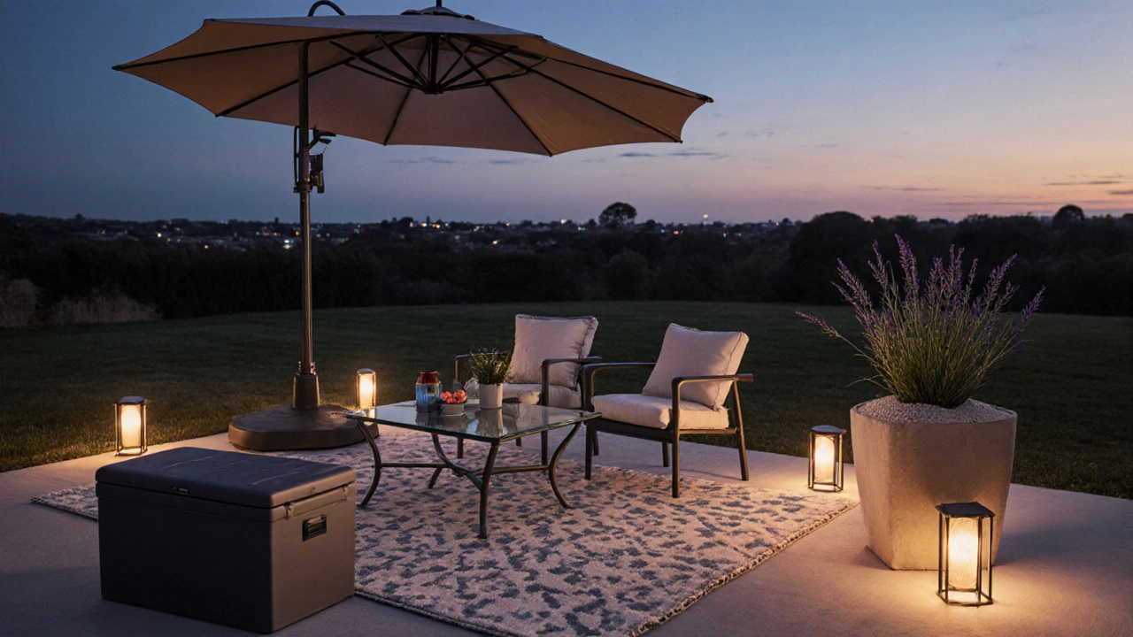 Patio setup at dusk with rug, umbrella on heavy base, solar lights, planter, and storage box.