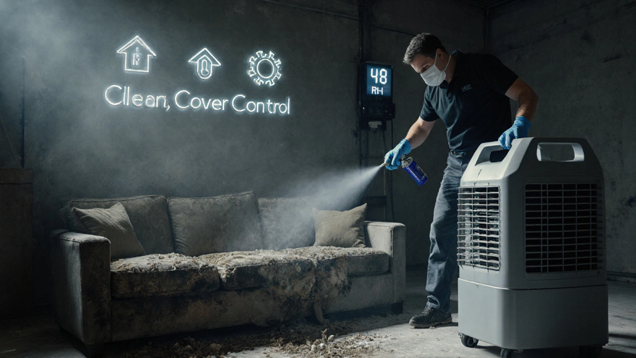 Professional treating moldy sofa with industrial dehumidifier.