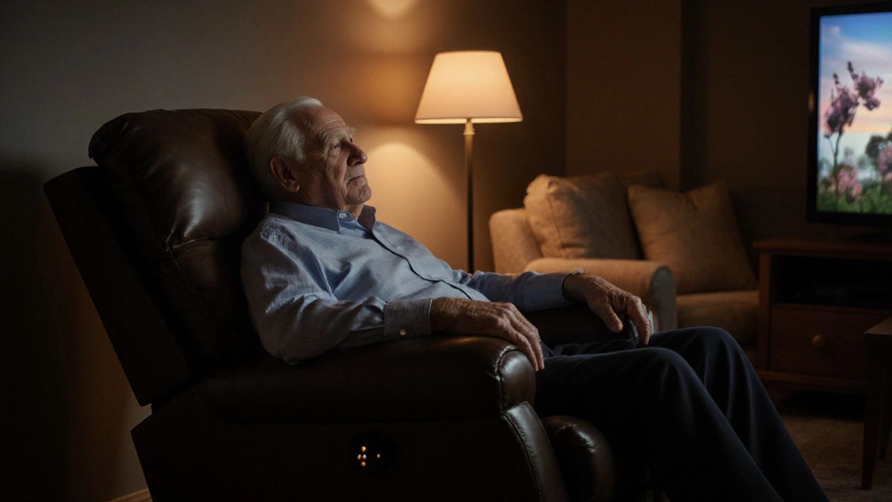 Senior man relaxing in a lift recliner while watching TV in a warm, cozy room.
