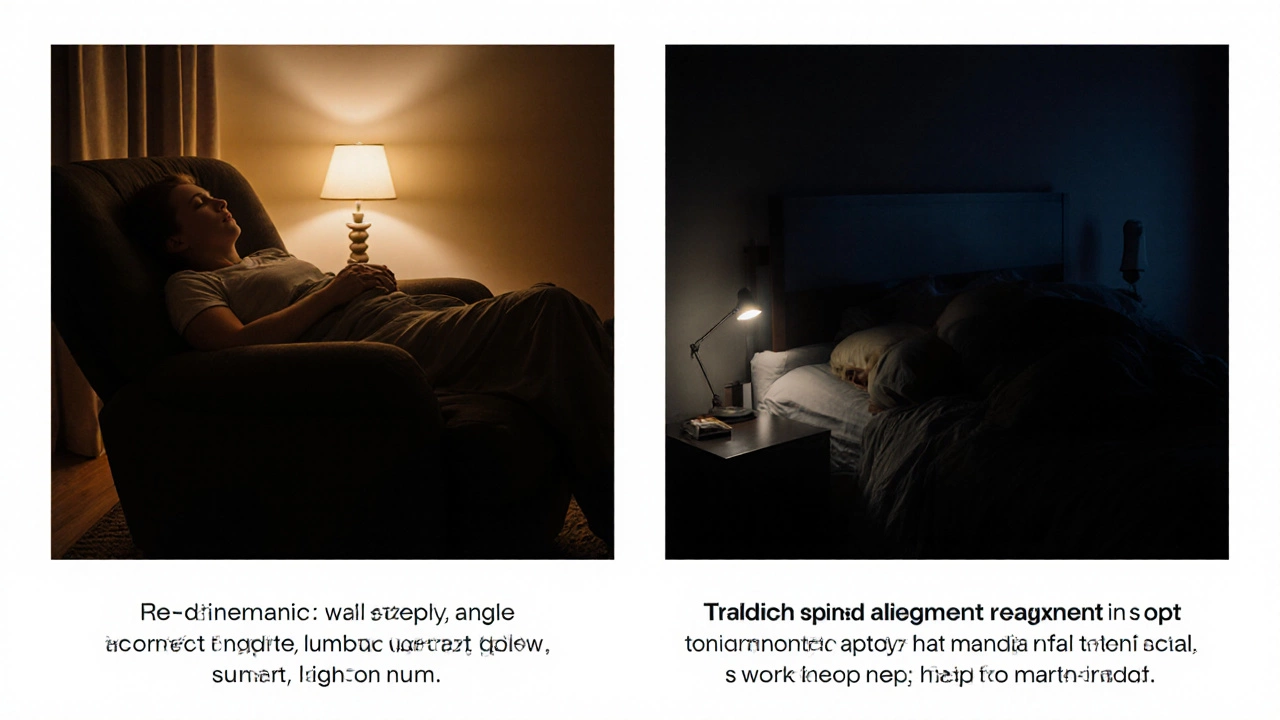 Side‑by‑side night scene showing a properly set recliner versus a typical bed.