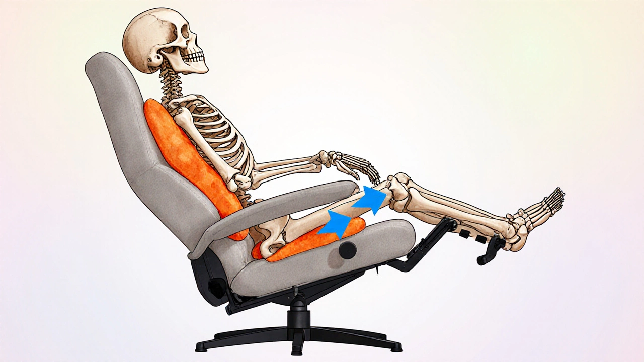 Side view illustration showing proper spine alignment in a recliner with lumbar support.