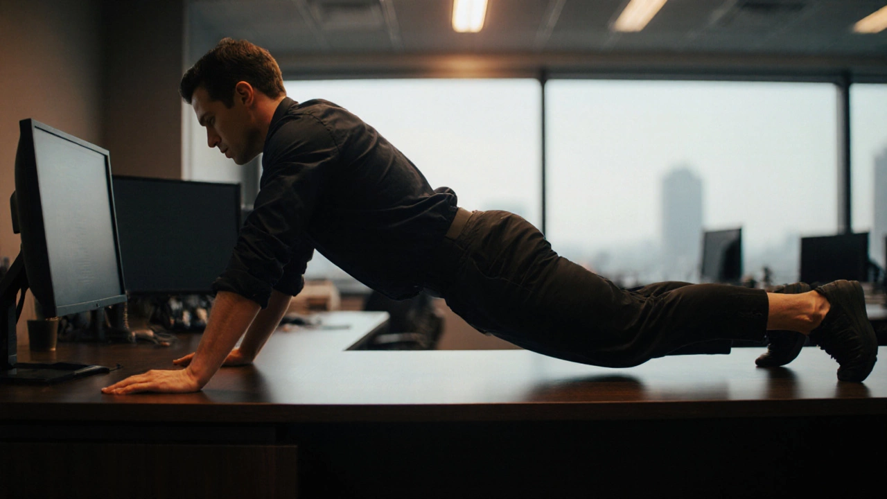 Side view of a worker holding a desk plank, body straight and muscles engaged.
