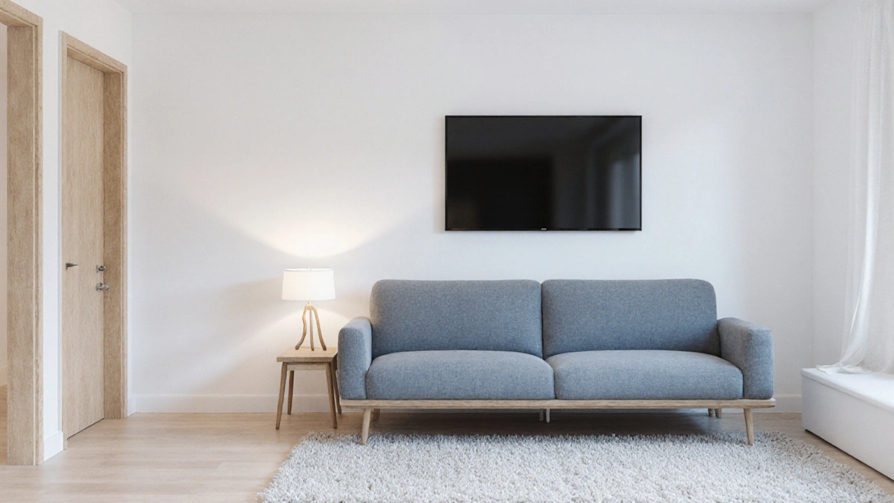 Sofa bed against a wall facing a TV, with side table and rug, showing clear traffic flow.
