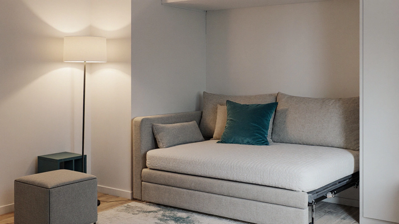 Studio corner with a sofa bed folded from a wall bracket, near a modular ottoman.