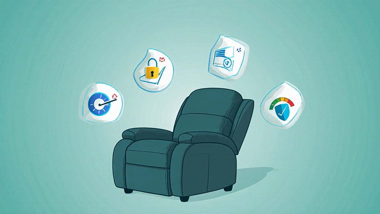 Stylized recliner surrounded by icons representing a back‑friendly buying checklist.