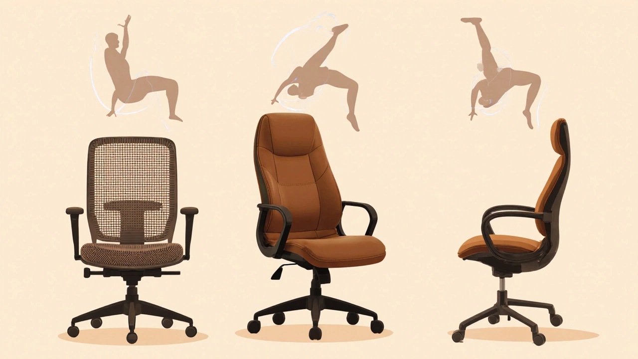 Three office chairs illustrated with silhouettes performing a seated core move.