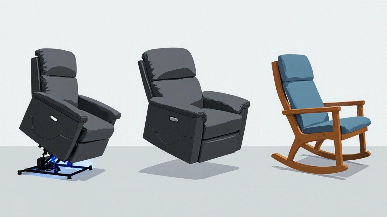 Three senior chairs displayed side by side: lift recliner, power‑tilt recliner, ergonomic rocker.