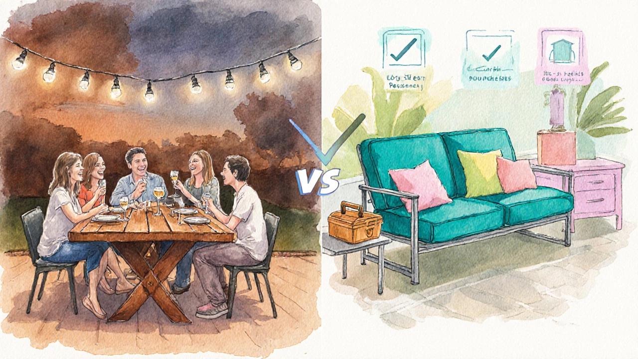 Watercolor split scene of a luxury patio party versus a DIY refurbished patio set.