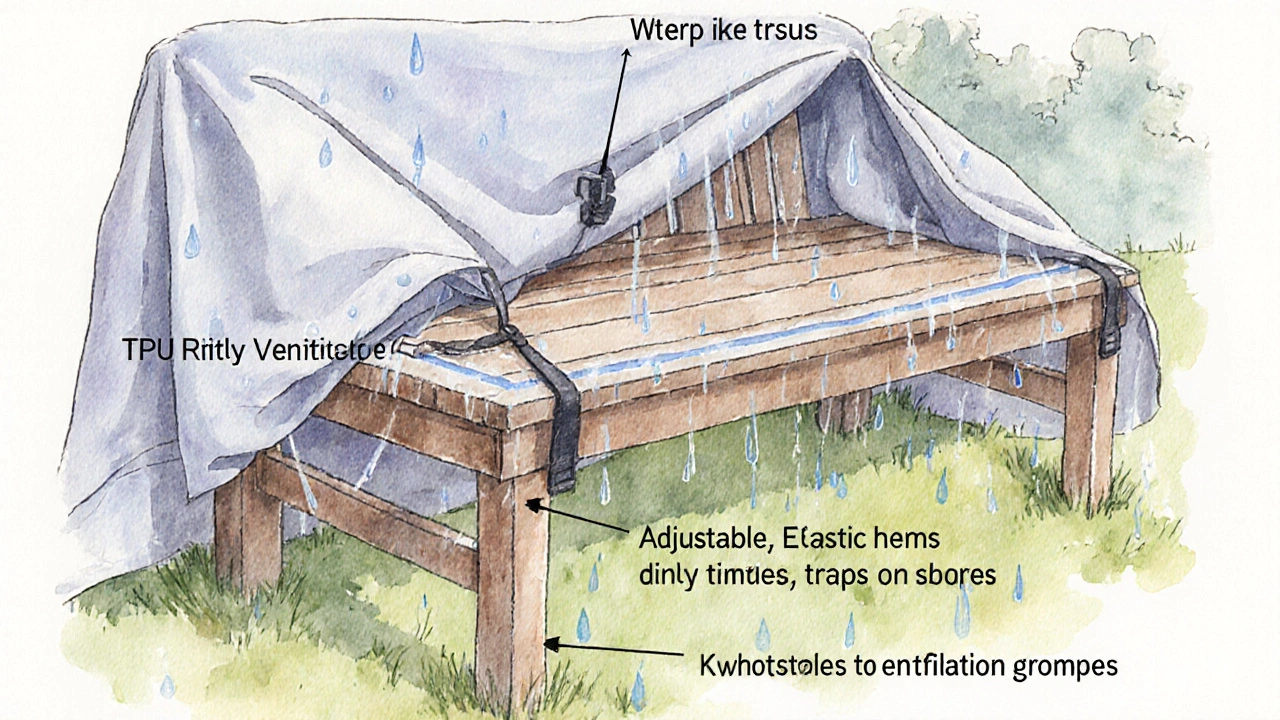 Wooden bench covered with a breathable waterproof cover during a light rain.