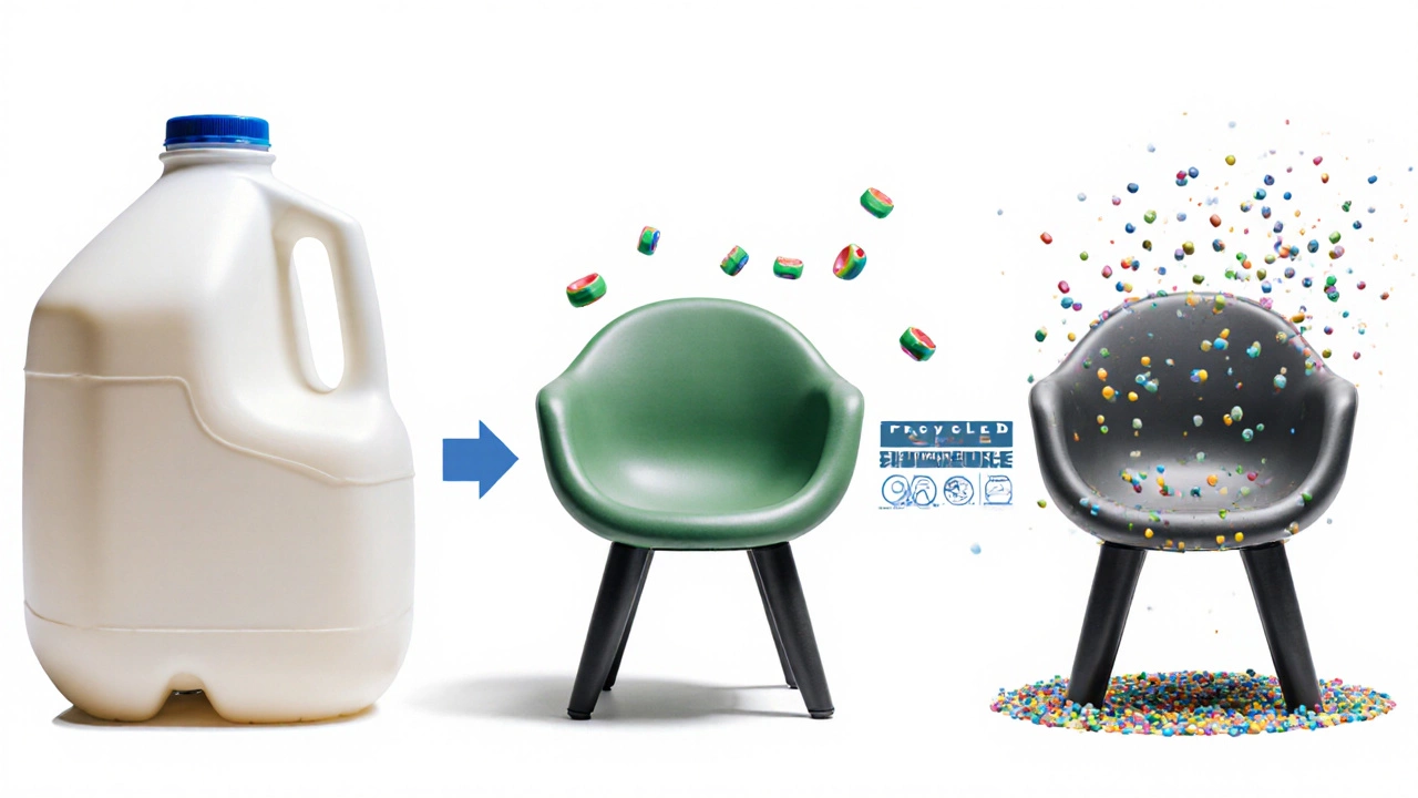 A milk jug transforming into a plastic chair through mechanical steps, symbolizing sustainable material reuse.