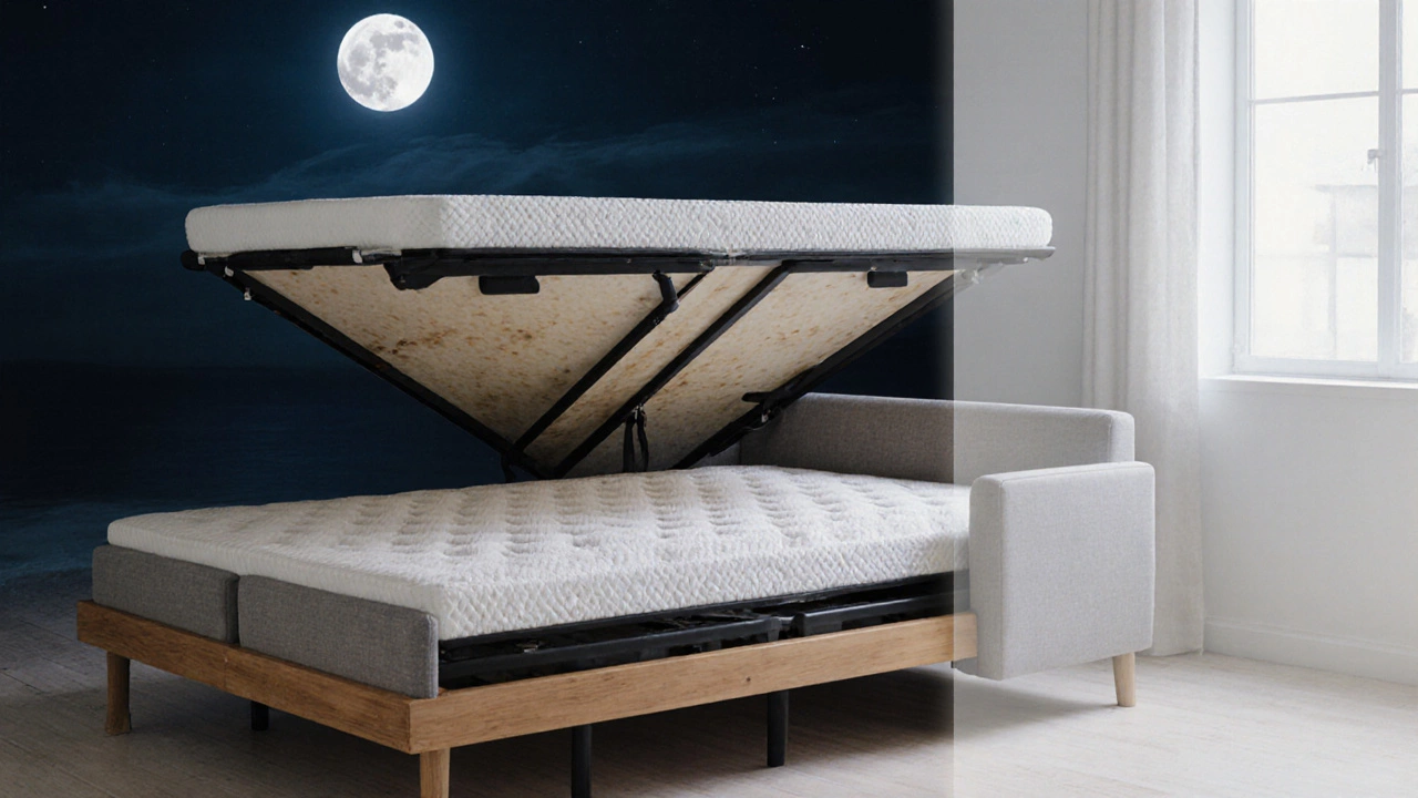 A sofa bed transformed into a bed at night, with thick mattress and visible support upgrades in soft moonlight.