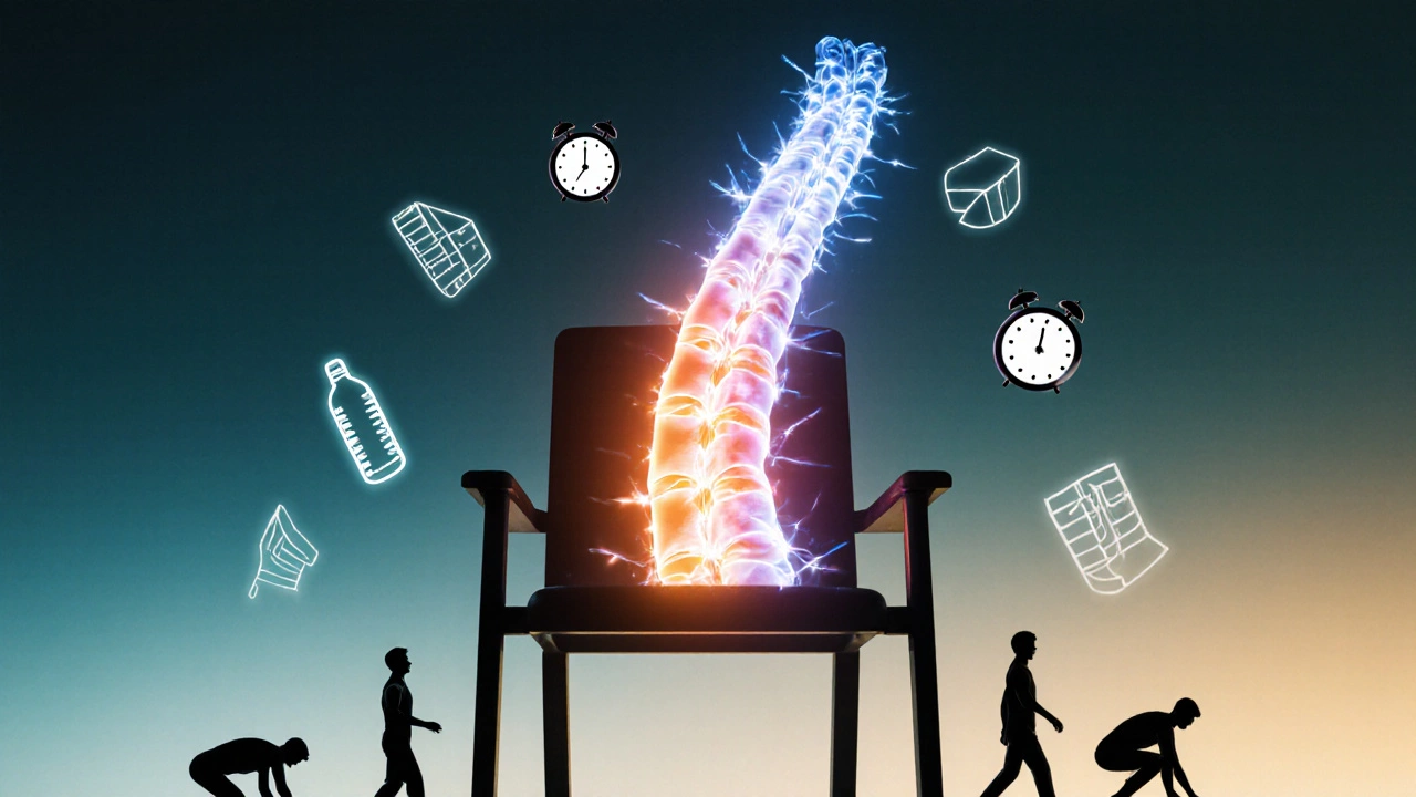 Abstract spine illustration with movement icons surrounding it, symbolizing active recovery.