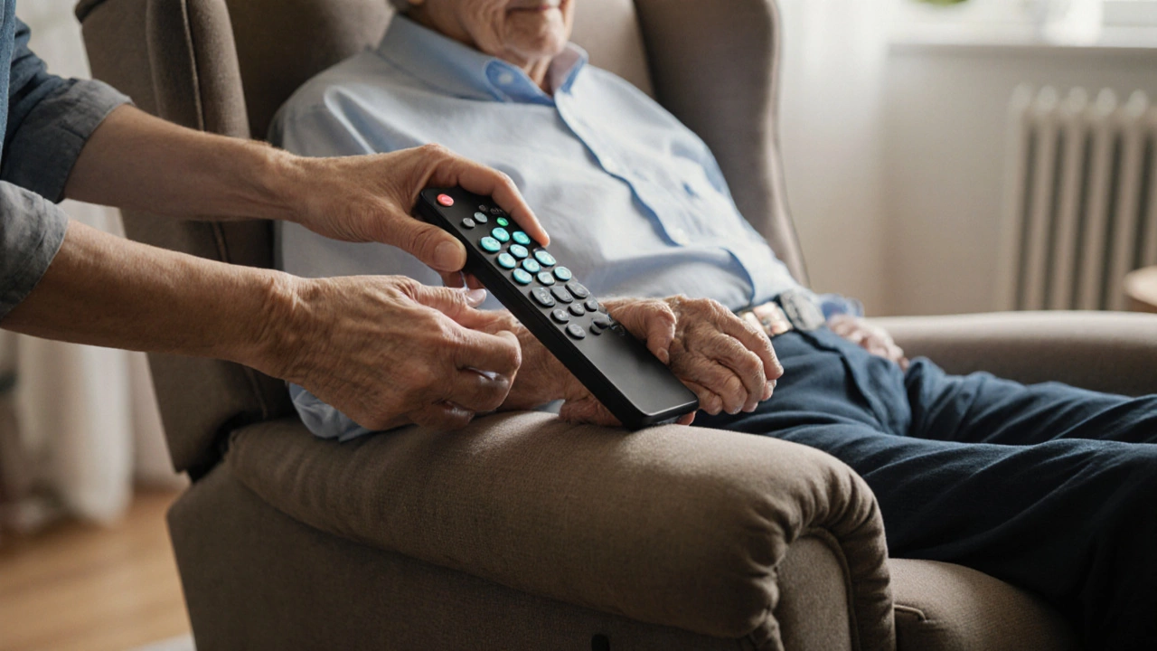 An elderly person receiving a remote control from a younger helper while seated in a supportive recliner.