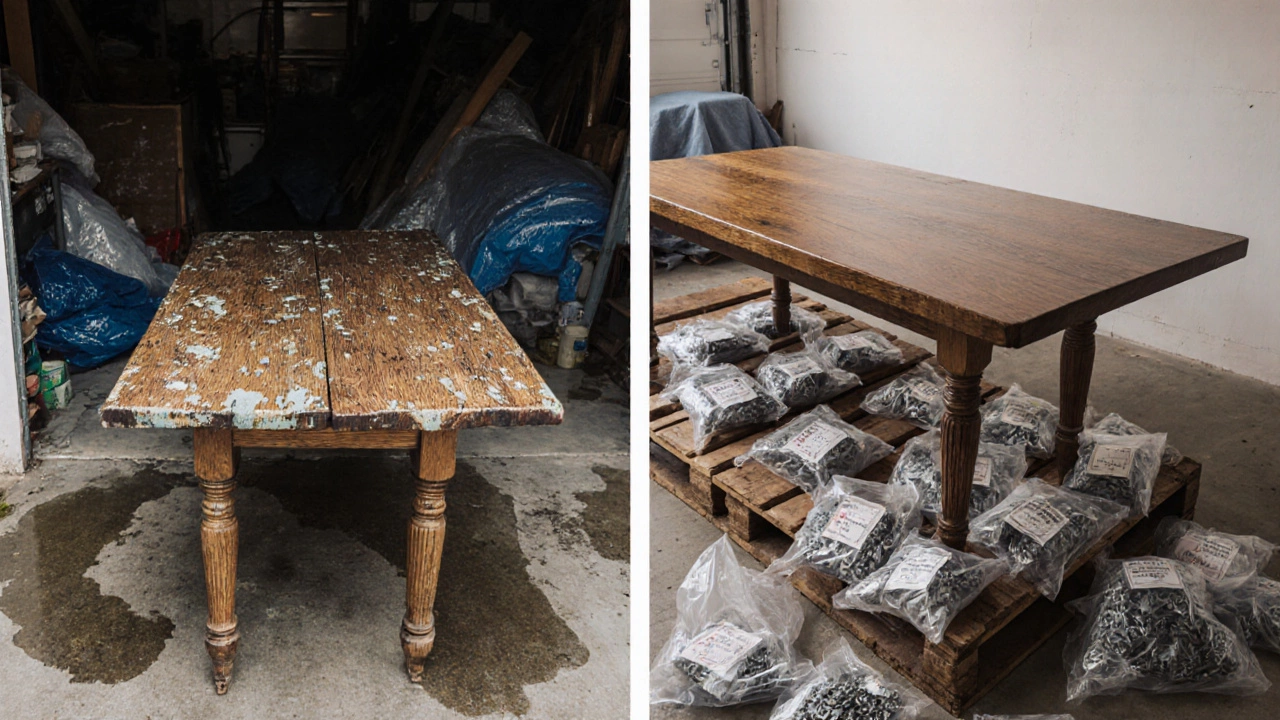 Before-and-after: damaged table in damp garage vs. properly stored table in climate-controlled unit.