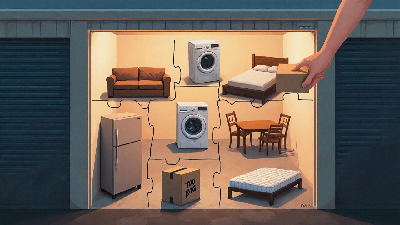 Conceptual art of furniture fitting like puzzle pieces inside a 10x10 space, with oversized items excluded outside.