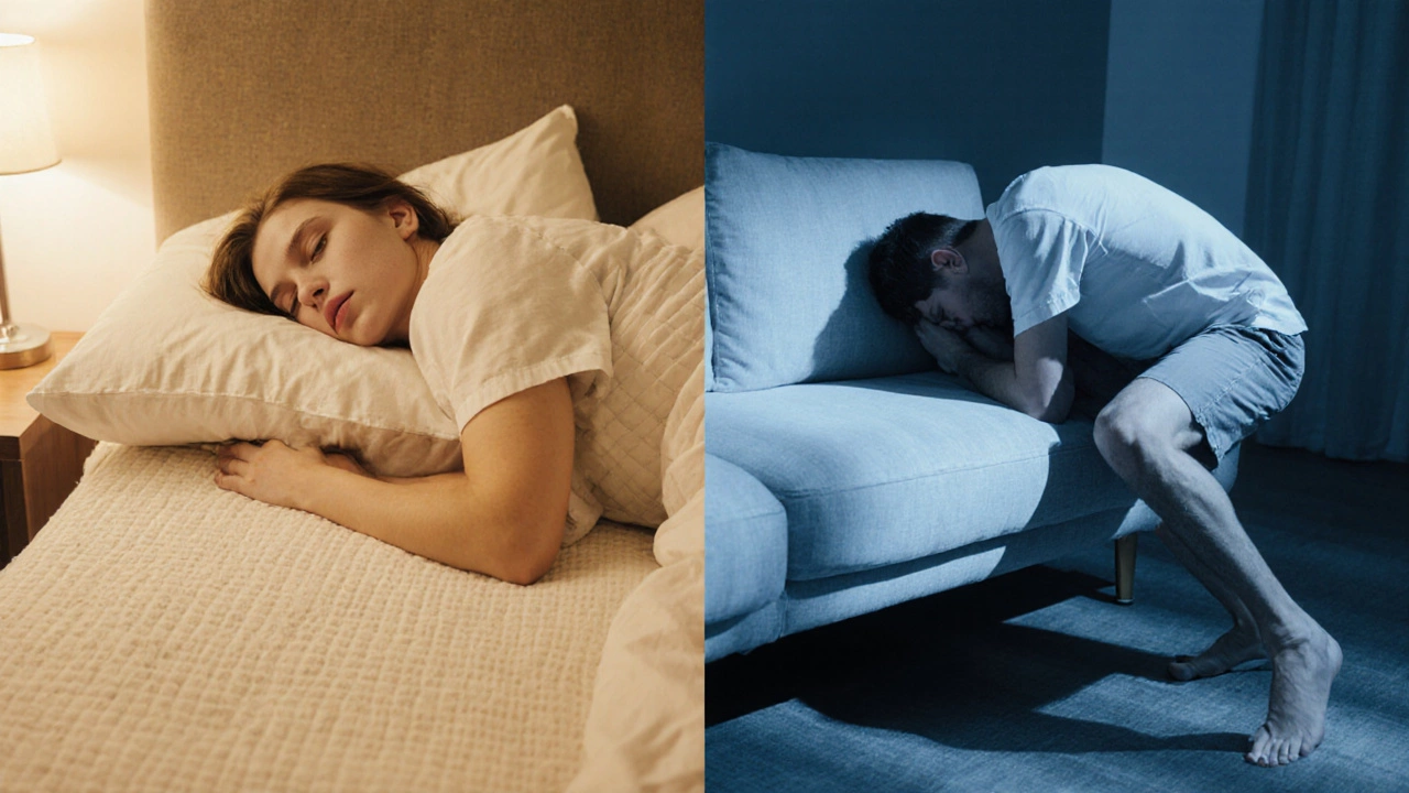 Contrasting images of restful bed sleep versus painful sofa sleep.