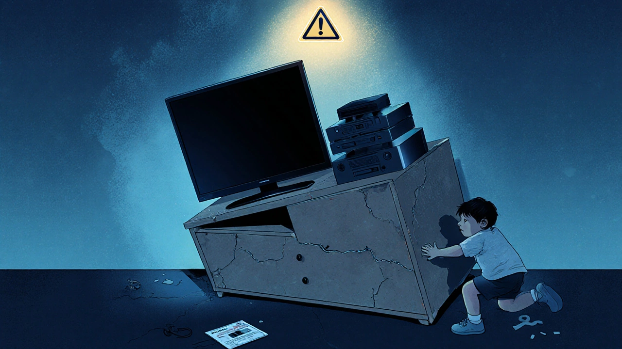 Cracked particleboard dresser under heavy TV, child reaching dangerously close.