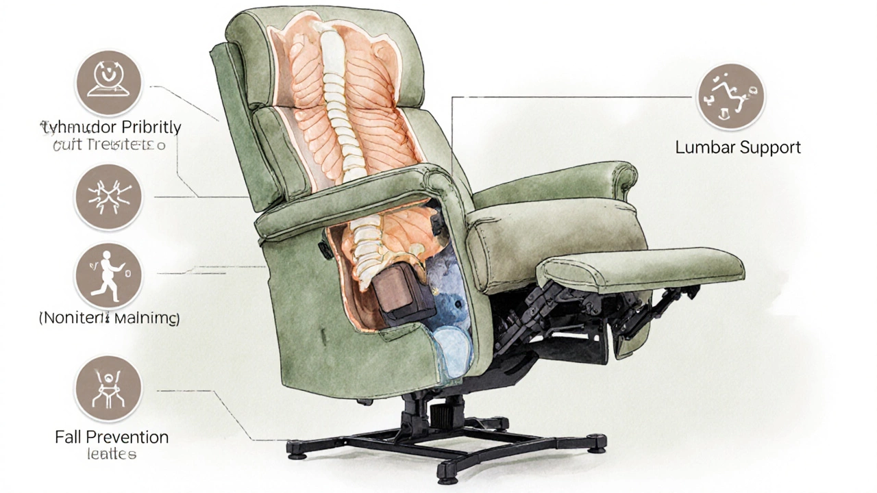 Cross-section illustration of a senior recliner showing lift mechanism and therapeutic features.