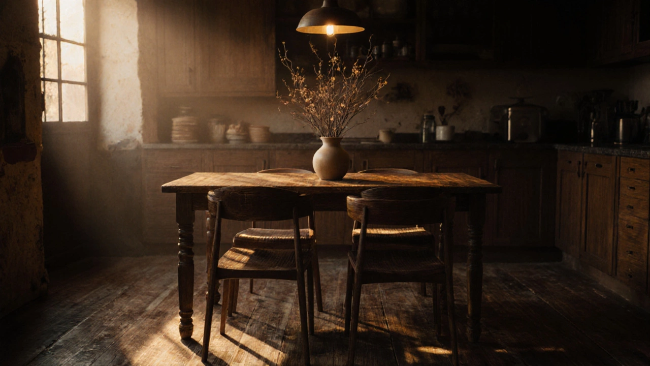Espresso oak dining set in warm kitchen with wooden floor and pendant light