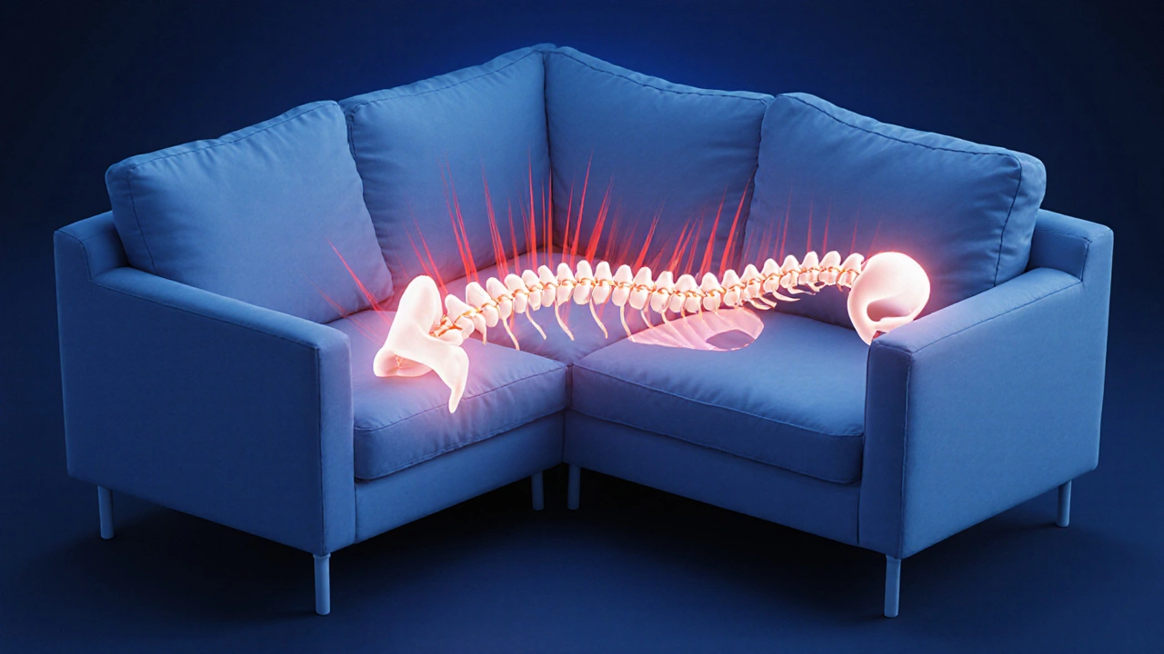 Human spine compared to sofa shape, showing misalignment from couch sleeping.