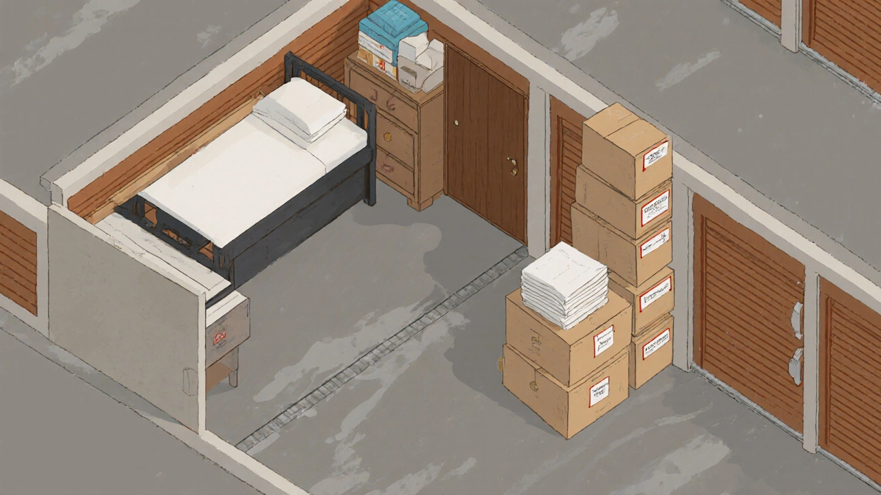 Isometric view of a neatly organized storage unit showing furniture and boxes stacked vertically with a clear aisle.