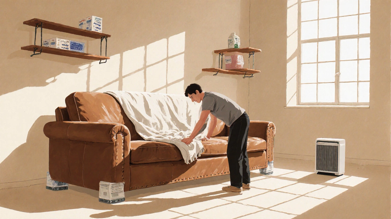Leather sofa positioned upright with cotton cover in dry storage, silica gel packets and dehumidifier nearby.