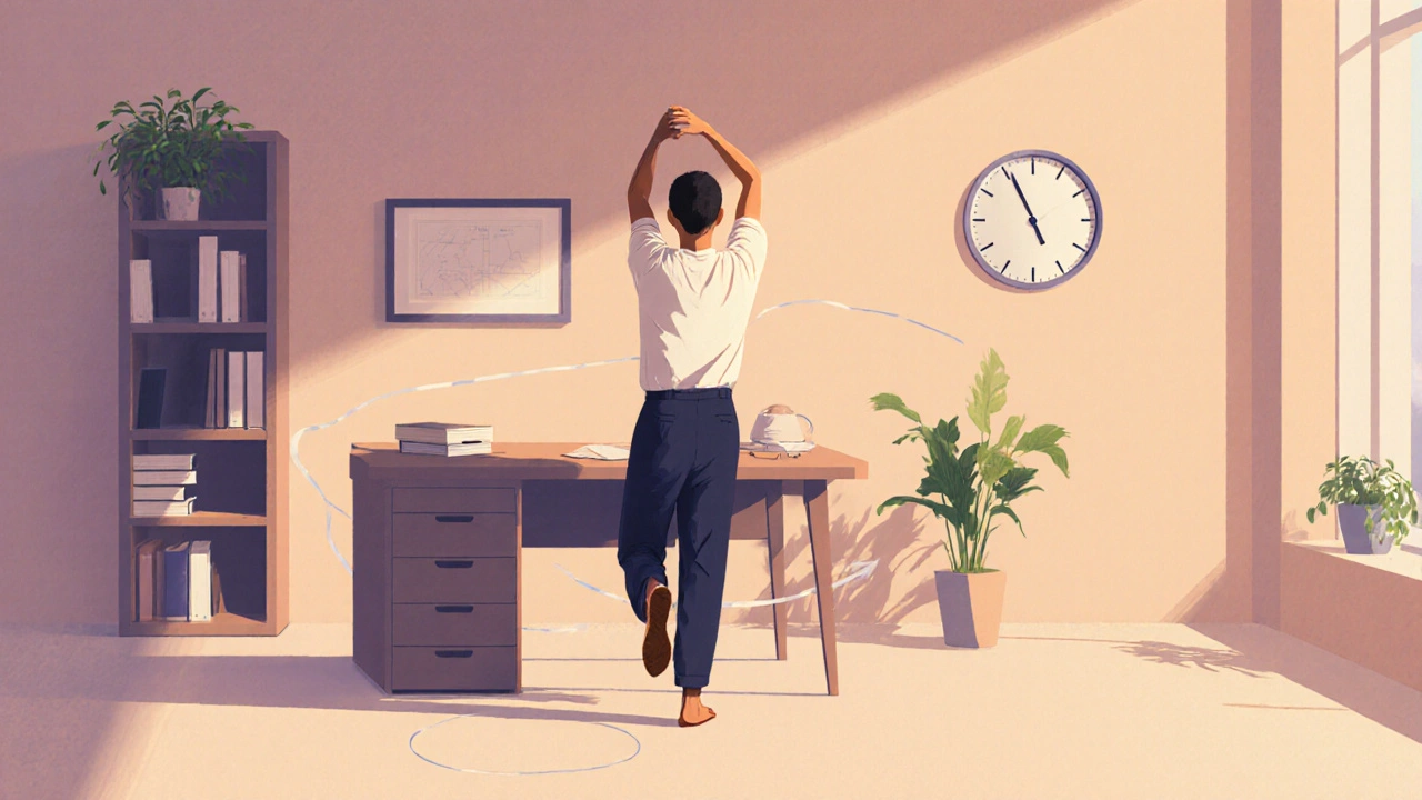 Person standing and stretching arms overhead in a quiet home office setting.