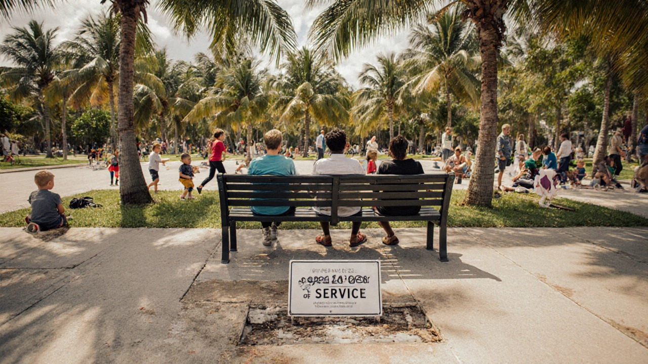 Public park bench made of recycled HDPE, used by people in a tropical setting under palm trees.