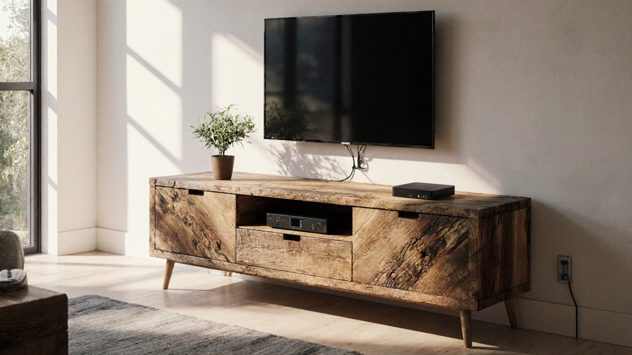 Reclaimed wood credenza with TV mounted low and cables neatly hidden.
