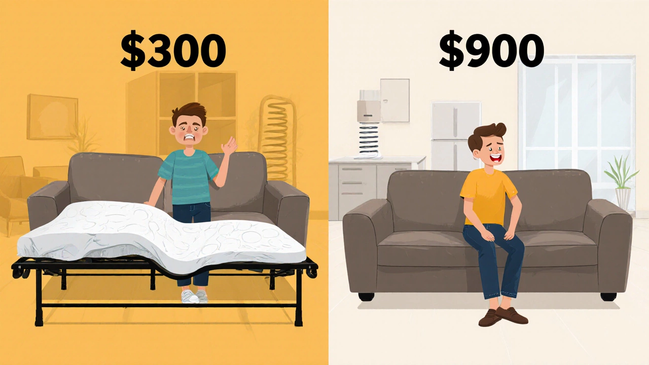Side-by-side comparison of a cheap sagging sofa bed versus a well-built one, highlighting comfort differences.